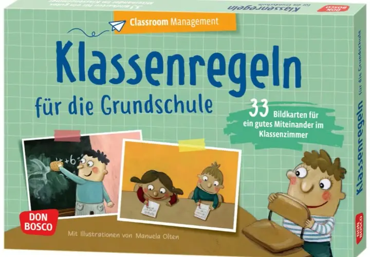 Klassenregeln für die Grundschule: 33 Bildkarten für ein gutes Miteinander im Klassenzimmer. Illustrationen zeigen Kinder beim Lernen und Spielen.