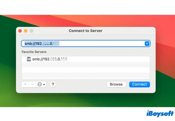 mac mit NAS verbinden: Eingabefeld zeigt "smb://192..." für Serververbindung. Favoritenliste enthält bereits eine SMB-Adresse.