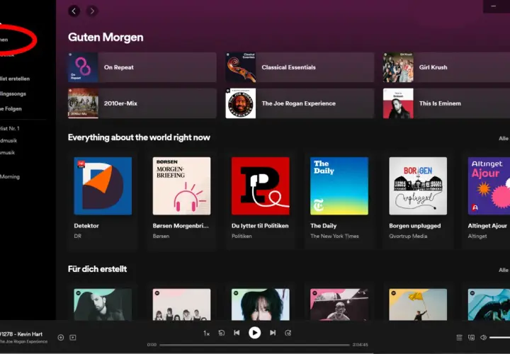 Spotify-Startseite mit Suchleiste. Hier siehst du deinen Spotify-Verlauf, z.B. "On Repeat" und "2010er-Mix".