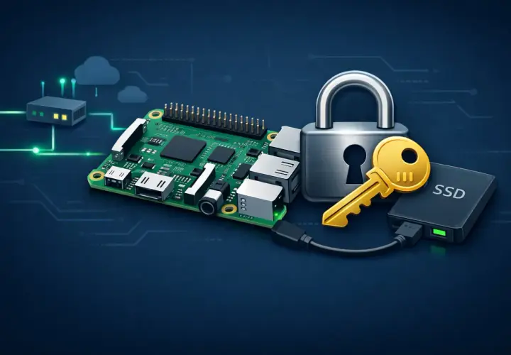 Sicherer Raspberry Pi Backup: Ein Schloss mit Schlüssel und eine SSD deuten auf den Schutz Ihrer Daten hin.