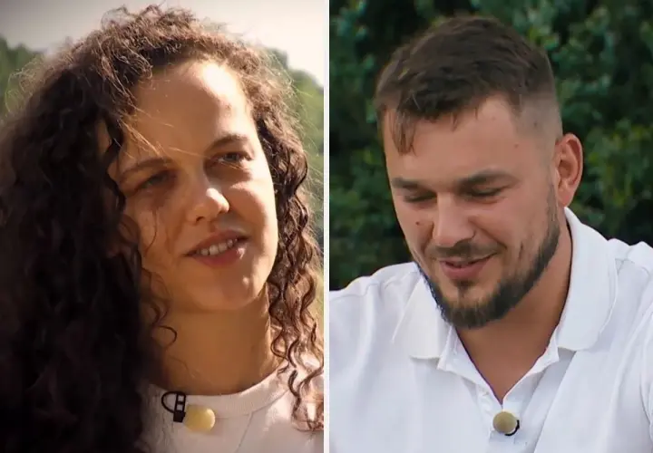 Kobieta z kręconymi włosami i mężczyzna z zarostem, uczestnicy programu "Rolnik szuka żony 10", patrzą w różne strony.