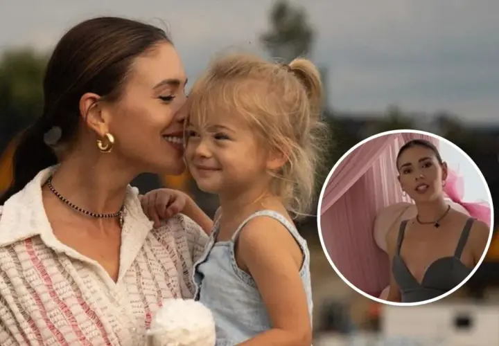 Klaudia Halejcio z córką, uśmiechnięte i blisko siebie. W okręgu Klaudia Halejcio w innym ujęciu.