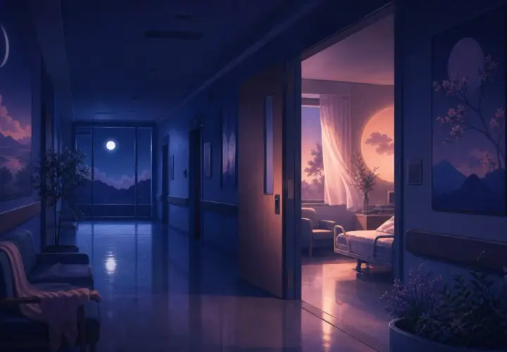 Un pasillo de hospital de noche, con una ventana que muestra la luna y montañas. Una habitación abierta revela una cama y una ventana con cortinas ondeando. Es como soñar con hospital.