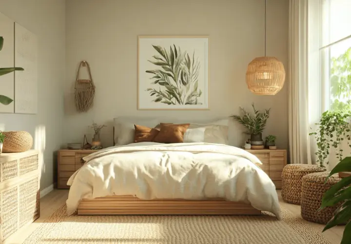 Gemütliches Schlafzimmer mit Naturmaterialien und Pflanzen. Perfekte Inspiration für Schlafzimmer Deko im Boho-Stil.