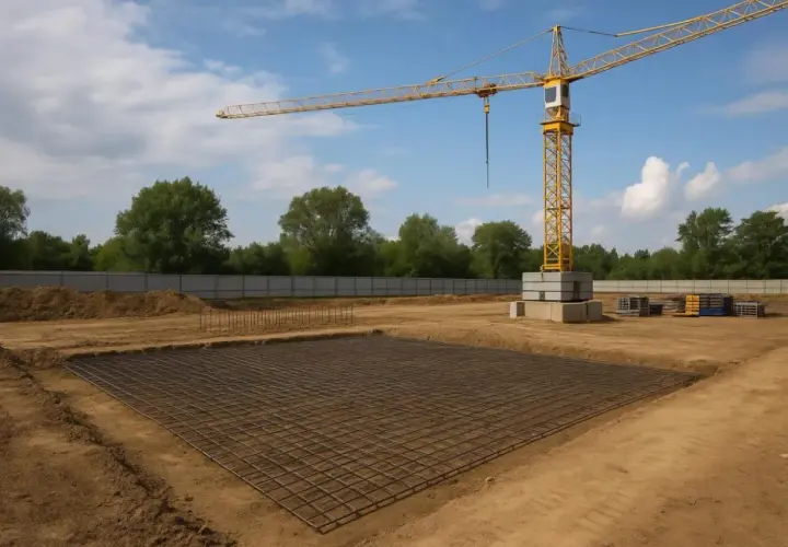 Żółty żuraw wieżowy na placu budowy z zbrojeniem fundamentów.