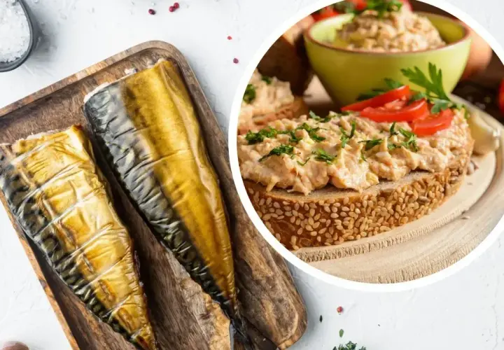 Wędzone makrele na desce i kanapka z pastą rybną. Idealne na szybką awanturkę smakową.