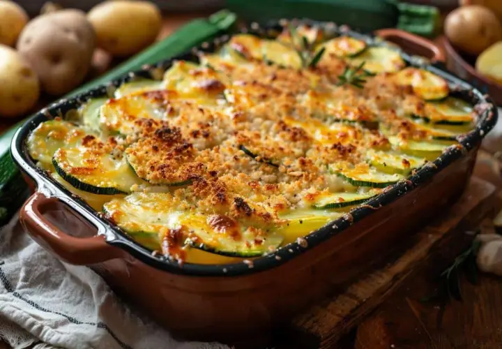Un délicieux gratin courgette pomme de terre, doré et croustillant, prêt à être dégusté.