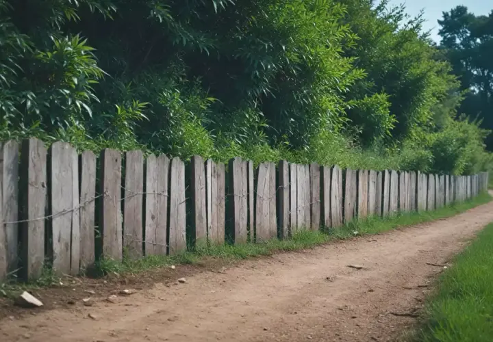 Drewniane ogrodzenie na skarpie wzdłuż piaszczystej ścieżki, otoczone bujną zielenią.