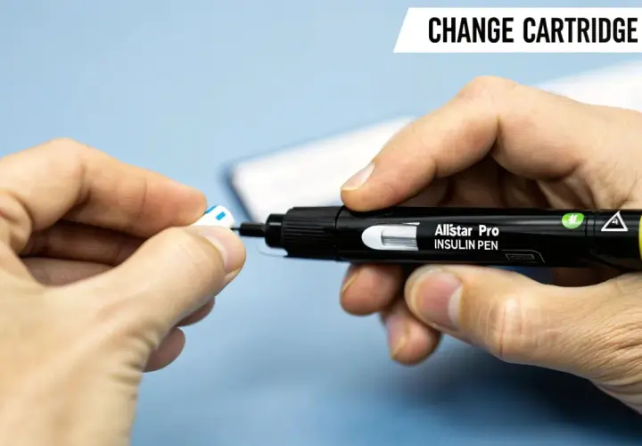 Instrukcja jak wymienić insulinę w penie. Dłoń trzyma czarny pen z napisem "Allstar Pro INSULIN PEN" i wyjmuje z niego białą końcówkę.