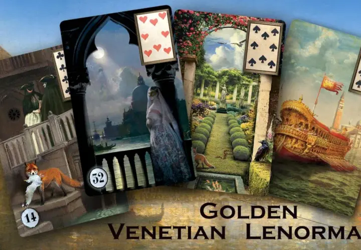 Karty do wróżb "Golden Venetian Lenormand" przedstawiają sceny z Wenecji: lis z ptakiem, dama w welonie, ogród, galeon.