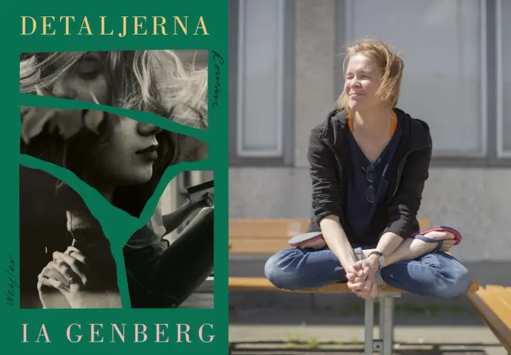 Bokomslag för "Detaljerna" av Ia Genberg, med en bild på författaren Ia Genberg sittande på en bänk.