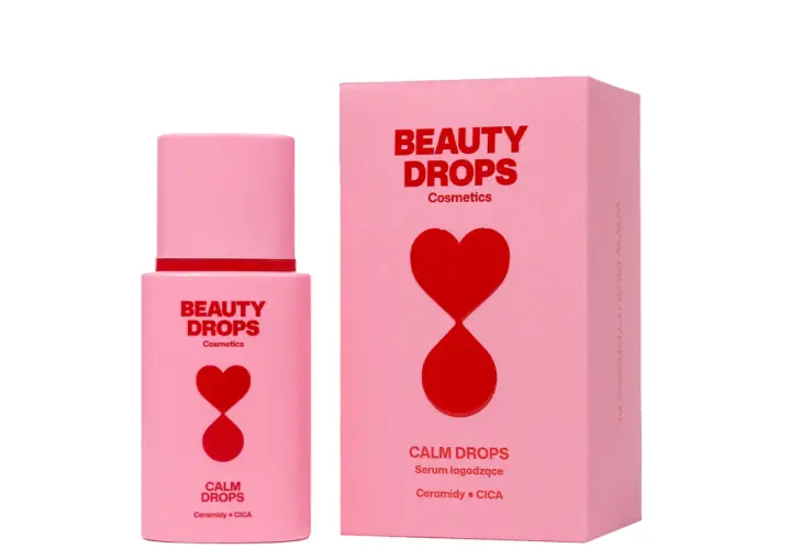Różowe opakowanie i buteleczka serum Calm Drops z napisem "Ceramidy + CICA". Ceramidy na co? Na ukojenie i regenerację skóry.