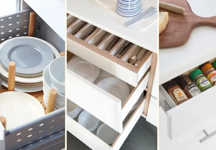 Tips on how to organize kitchen drawers: neatly stacked plates, cutlery in dividers, and spices arranged for easy access.