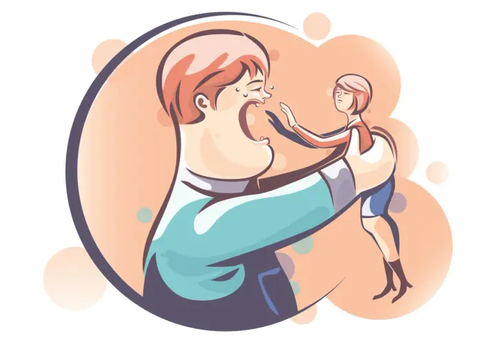 Un genitore disperato cerca risposte su cosa fare quando un figlio ti tratta male. La figura del genitore è enorme, quella del figlio piccola e ribelle.