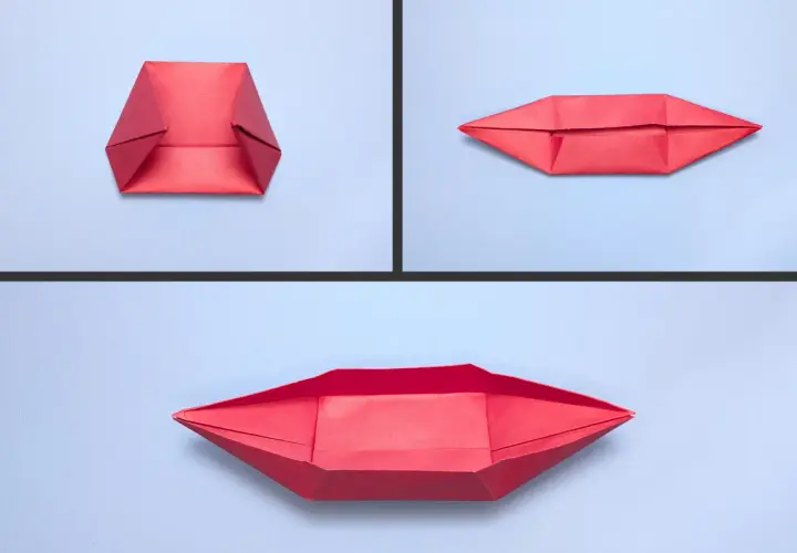 Passaggi per creare una barchetta di carta rossa. La prima immagine mostra la base, la seconda la forma allungata, la terza la barchetta aperta.