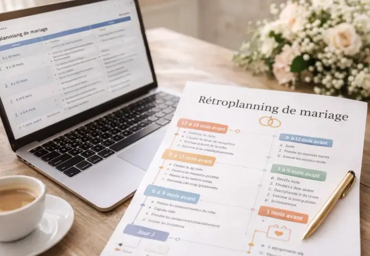 Un rétroplanning de mariage sur papier, à côté d'un ordinateur portable et d'une tasse de café.