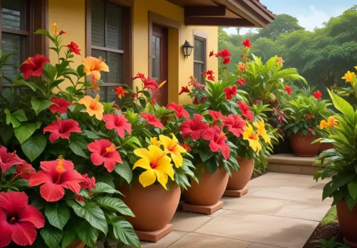 En rad krukor med färgstark hibiskus blomma i rött, gult och orange pryder en solig uteplats framför ett gult hus.
