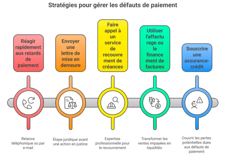 Schéma des stratégies de gestion des impayés : relance, mise en demeure, recouvrement, affacturage, assurance-crédit. Utile pour savoir quand porter plainte pour argent non rendu.