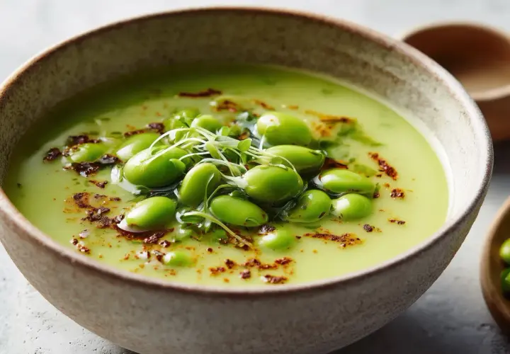 A vibrant green soup, possibly a creamy pea or edamame soup, is garnished with fresh japanese mame beans and microgreens.