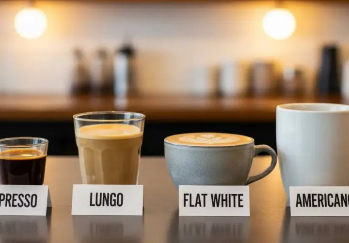 Cztery kawy: espresso, lungo, flat white i americano, prezentowane w szklanych i ceramicznych naczyniach.