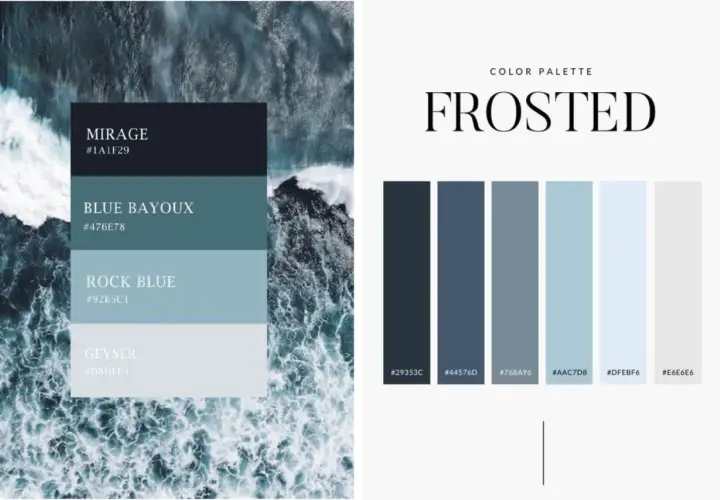Palette "Frosted" con tonalità di colore blu ispirate al mare in tempesta e alle sfumature ghiacciate.