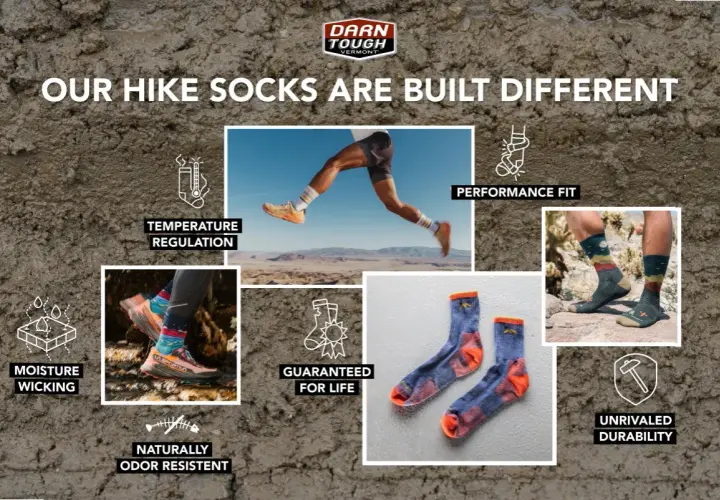 Are hiking socks necessary? This ad shows Darn Tough socks are built different with temperature regulation, moisture wicking, and unmatched durability.