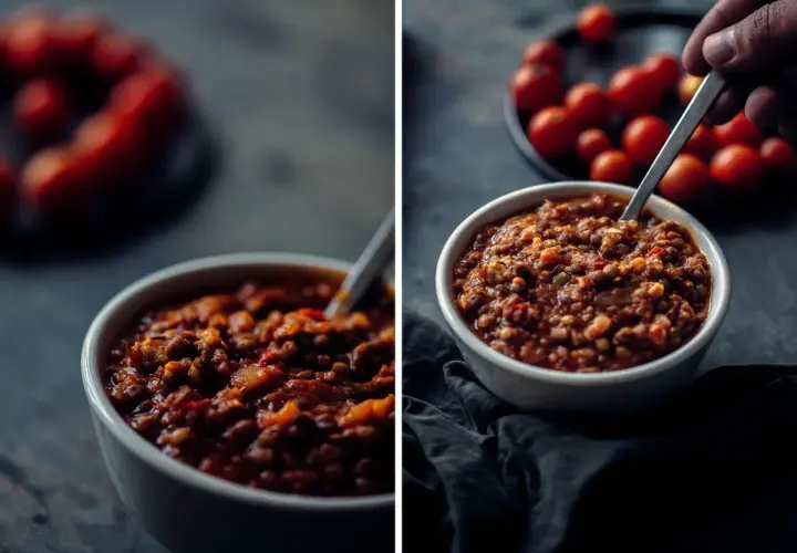 Un tazón de boloñesa de lentejas, con tomates cherry al fondo.