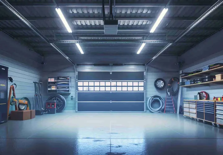 Illuminazione garage consigli: un interno ben illuminato con luci a soffitto, porte chiuse, armadi e attrezzi.