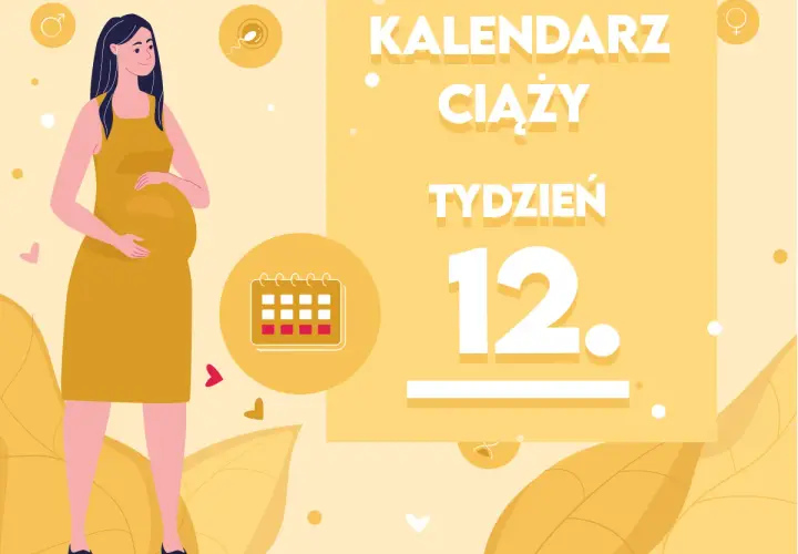 Kobieta w żółtej sukience, w 12 tygodniu ciąży, trzyma dłoń na brzuchu. Obok kalendarz i napis "Kalendarz ciąży, tydzień 12".