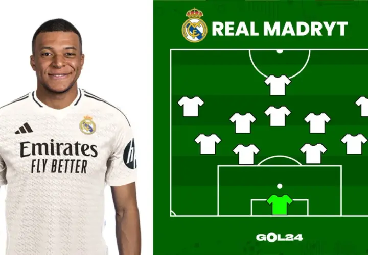 Mbappé w białej koszulce Realu Madryt obok schematu taktycznego.
