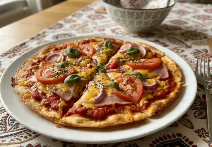 Pyszna pizza z tortilli z pomidorami, cebulą, szynką i serem, ozdobiona bazylią. Idealna na szybki obiad.