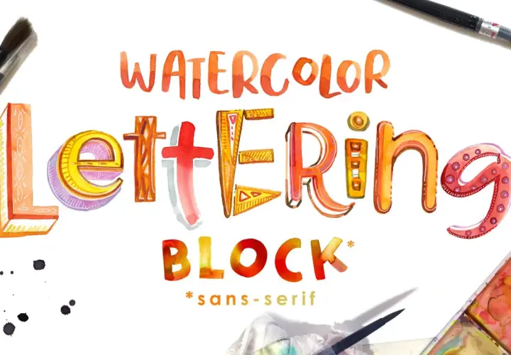 Letras de acuarela vibrantes y detalladas forman "WATERCOLOR LETTERING BLOCK". Pinceles y acuarelas sugieren el proceso creativo.
