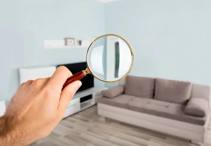 Main d'un homme tenant une loupe pour examiner un appartement. Que vérifier avant d'acheter un appartement ?
