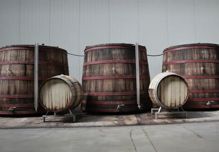 Grandi botti di legno con cerchi rossi, una piccola botte in primo piano con la scritta "Cru" che evoca il significato di origine e qualità.