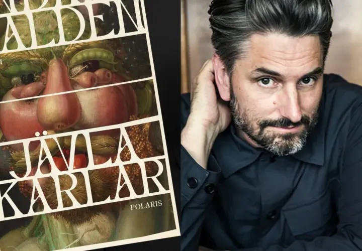 En bild på författaren Jonas Hassen Khemiri bredvid bokomslaget till "Jävla Karlar" av Anders Walden.