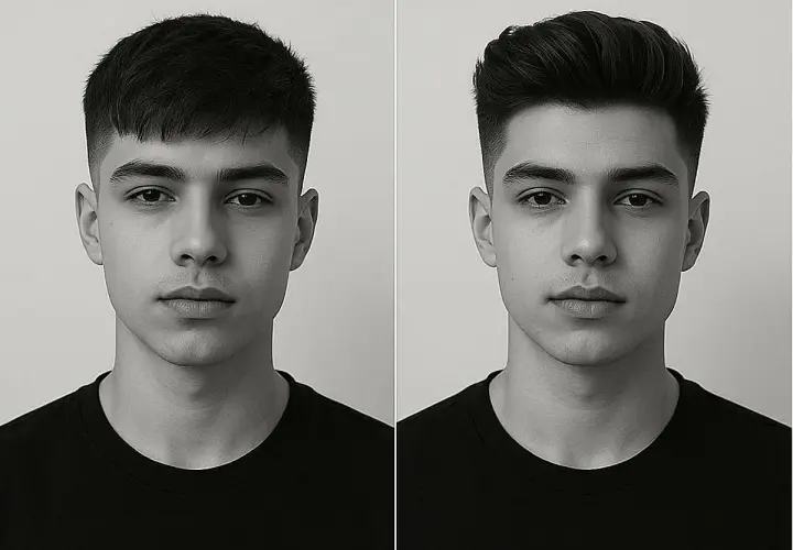 Dos estilos de peinado para hombre: un corte corto y moderno con flequillo recto, y otro con volumen y degradado. ¡Ideas para los mejores cortes de pelo hombre!