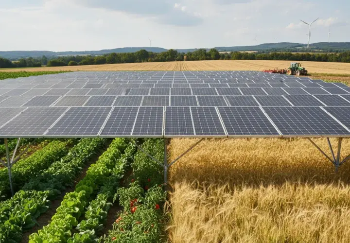Un impianto agrivoltaico con pannelli solari sopra ortaggi e campi di grano. Un trattore lavora sullo sfondo, con pale eoliche all'orizzonte.