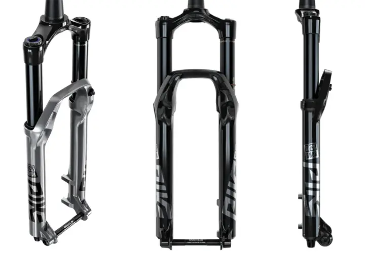 Three views of the RockShox Pike Ultimate fork, ready for a review.