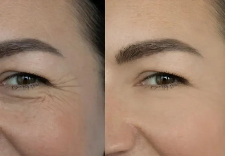 Porównanie skóry przed i po zastosowaniu retinolu. Zmarszczki wokół oka są widocznie wygładzone.