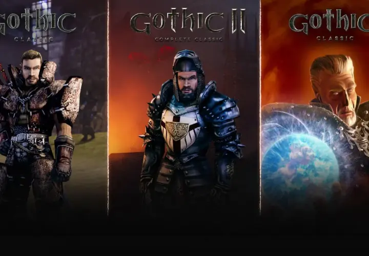 Trzej bohaterowie w zbrojach z gier Gothic Classic, Gothic II Complete Classic i Gothic 3 Classic.