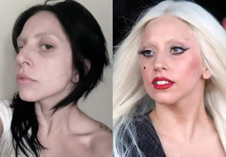 Lady Gaga kiedys: porównanie naturalnego wyglądu z czarnymi włosami i ikonicznego wizerunku z blond peruką i mocnym makijażem.