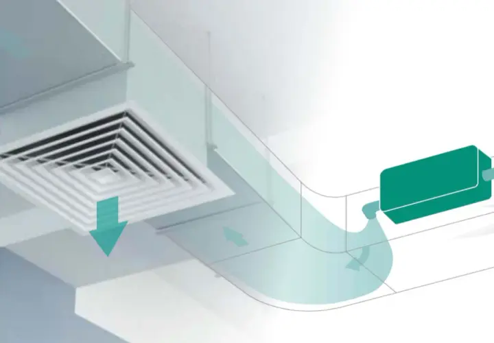 Sistema de ventilación con rejilla cuadrada y conductos que distribuyen aire ionizado para purificar el ambiente.
