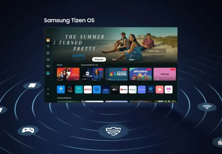 Interfejs Tizen OS na telewizorze Samsung. Widok ekranu głównego z rekomendacjami, aplikacjami i opcją "Kontynuuj oglądanie".