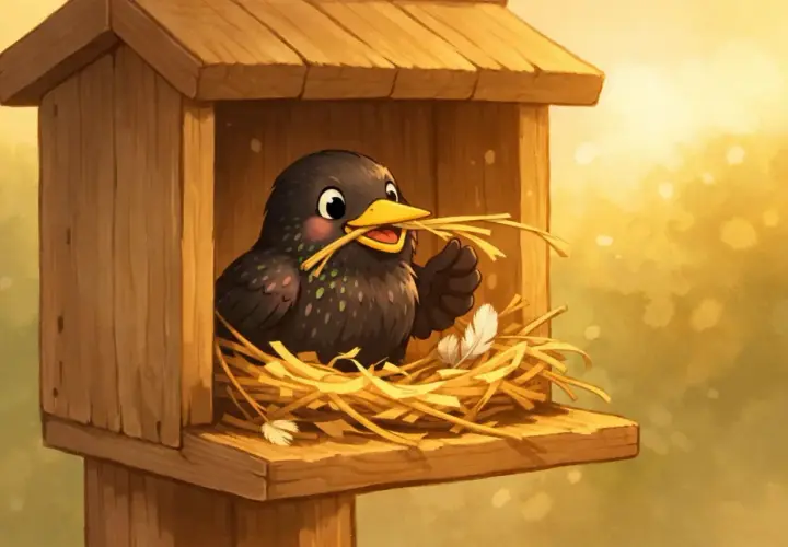Ein süßer Vogel baut sein Sternennest mit Stroh.