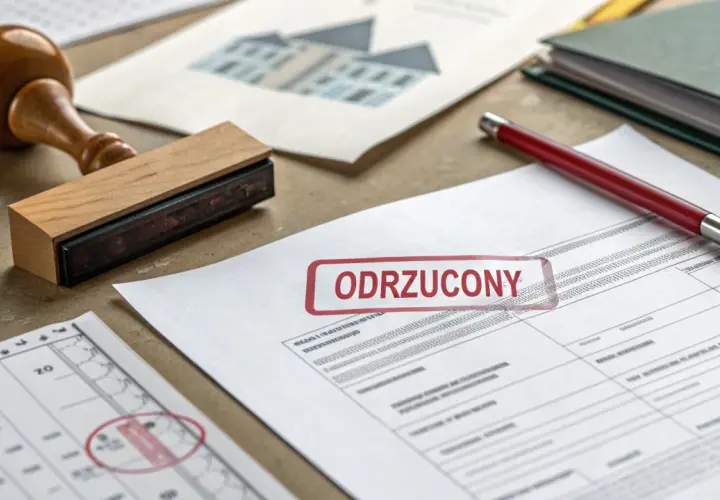 Dokument z pieczątką "ODRZUCONY" i pieczątką okrągłą, sugerujące zgłoszenie samowoli budowlanej.