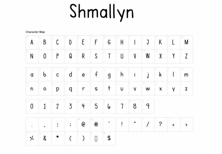 Mapa de caracteres con el nombre "Shmallyn". Muestra el abecedario completo en **letra imprenta**, números y símbolos.