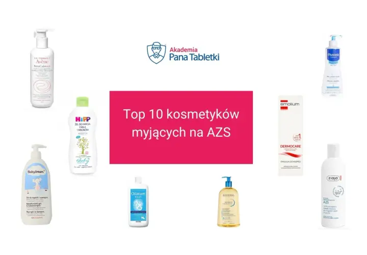 Top 10 kosmetyków myjących na AZS: delikatne żele i emulsje dla alergików od Avène, HiPP, Emolium, Mustela, Babydream, Oilatum, Bioderma, Ziaja.