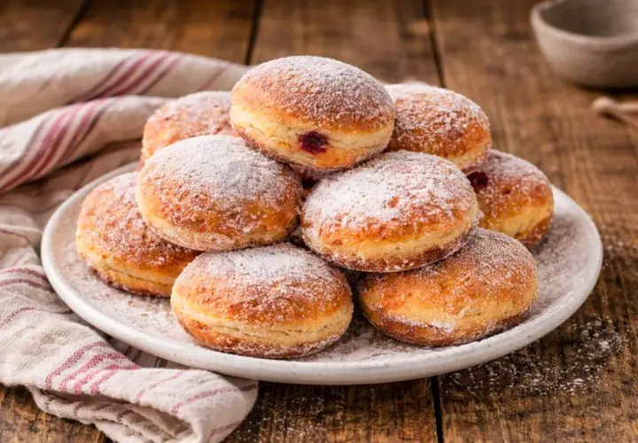 Ein Haufen frisch gebackener Berliner, bestäubt mit Puderzucker. Dieses berliner rezept ist ein Genuss für jeden Kaffeetisch.