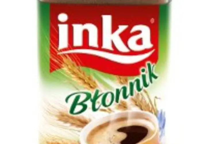 Inka Błonnik – czy kawa zbożowa Inka ma kofeinę? Opakowanie z napisem "Inka Błonnik", kłosami zbóż i filiżanką kawy.