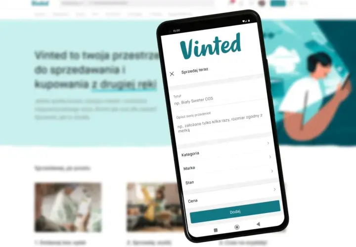 Na ekranie telefonu widać aplikację Vinted, gdzie można sprzedawać rzeczy. Dowiedz się, od ilu lat można sprzedawać na Vinted, by zacząć zarabiać.